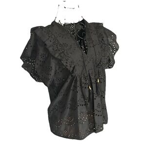 Artelier Nicole Miller Blouse Size S Short Sleeve Black Ruffles Tassels NWT